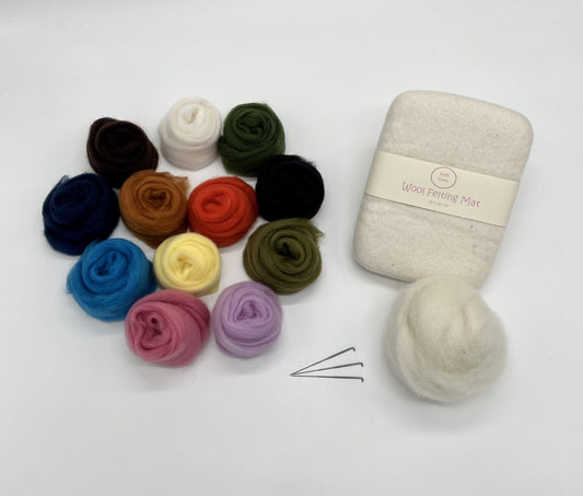 Beginners needle felting kit- Includes corriedale sliver 12 colour pack