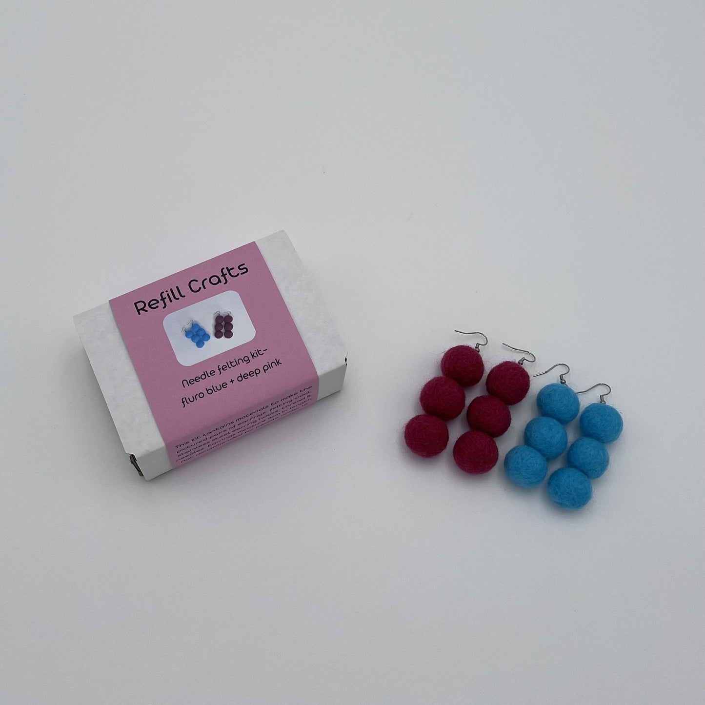 Earring needle felting kit deep pink and fluro blue makes 2 pairs