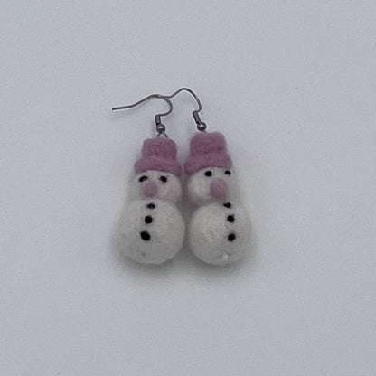 Snowman needle felted earrings finished product